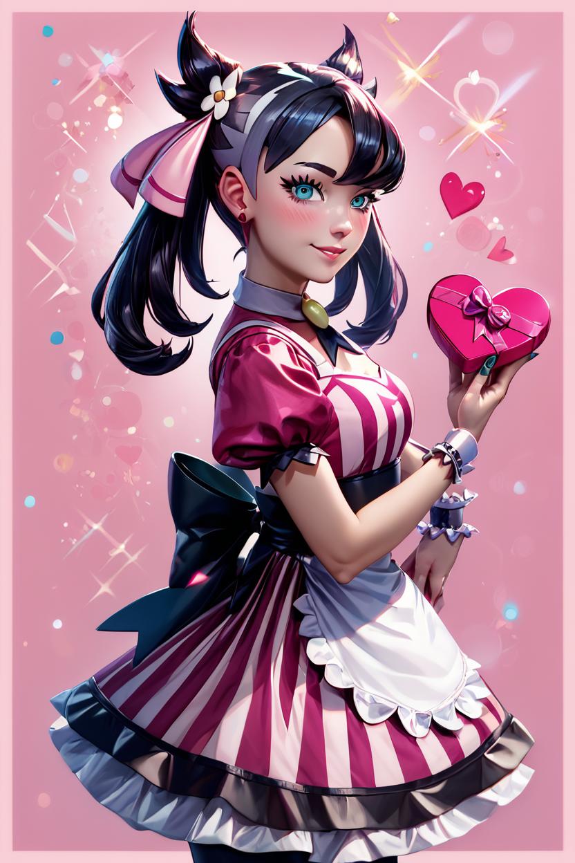 score_9, score_8_up, score_8, medium breasts, (ultra realistic,32k, masterpiece:1.2),(high detailed skin:1.1),( high quality:1.1), (curvy), cute, eyelashes,  <lora:Palentines_P1:0.8>,  solo, smile, looking at viewer, apron, blush, box, creatures (company), dress, earrings, flower, game freak, hair flower, hair ornament, hair ribbon, heart-shaped box, highres, holding, jewelry, l4wless, marnie (palentines 2022) (pokemon), marnie (pokemon), nail polish, nintendo, pantyhose, pink ribbon, pokemon, pokemon masters ex, ribbon, simple background, pink background, twintails, valentine, waist apron, wrist cuffs, pink border, hearts background, side view,   bokeh, luminescent background,