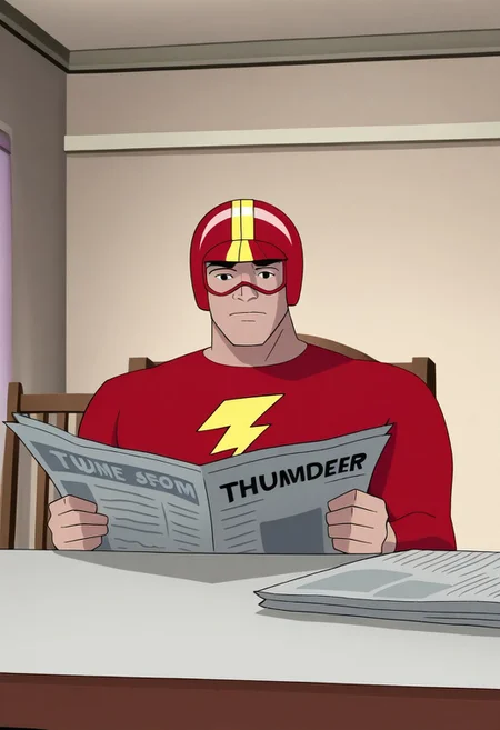 best quality, masterpiece, thestreak, indoors, sitting, chair, newspaper, reading, thunder symbol, red helmet, looking at viewer, cartoon style