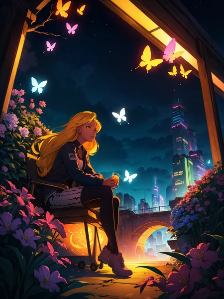 <lora:add_detail:0.5> <lora:backlight_slider_v10:-1.2>, (toon \(style\):1.5), 
highly detailed cartoon, intricate scene, girl with long hair, sitting amidst glowing flowers and butterflies, night landscape, distant city lights, exaggerated and vibrant background, rich color palette, dynamic lighting, atmospheric depth, high-quality rendering