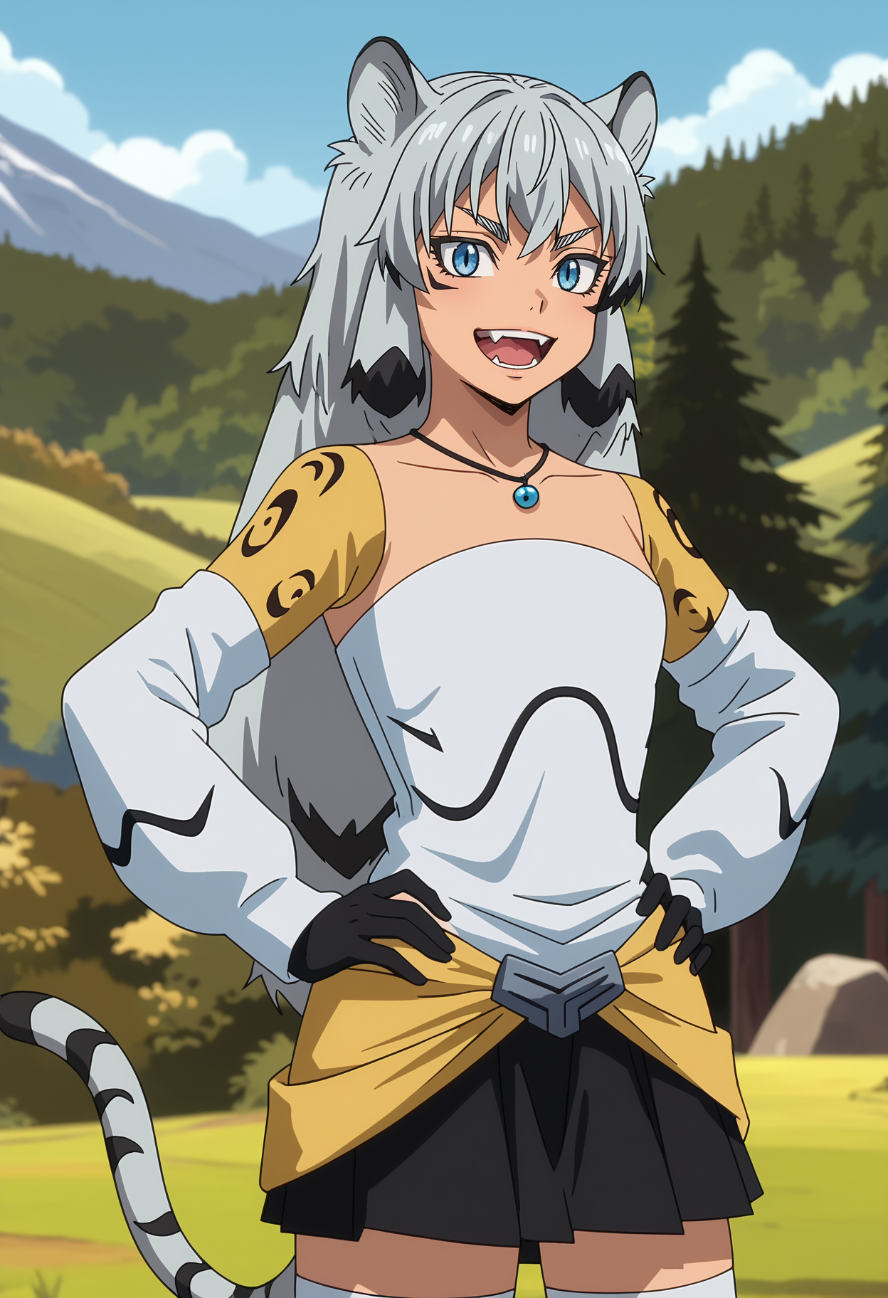score_7_up, anime screencap,
<lora:TenSura_SuphiaXL:0.9>, SuphiaTS,
1girl, solo, open mouth, teeth, grin, fangs,
long hair, two-tone hair, grey hair, black hair, blue eyes, tiger ears, tiger tail,
strapless shirt, white shirt, pendant, detached sleeves, black gloves, yellow sash, pleated skirt, black skirt, white thighhighs,
hands on own hips, looking at viewer, cowboy shot,
blurry background, outdoors, mountains, scenery, forest, blue sky