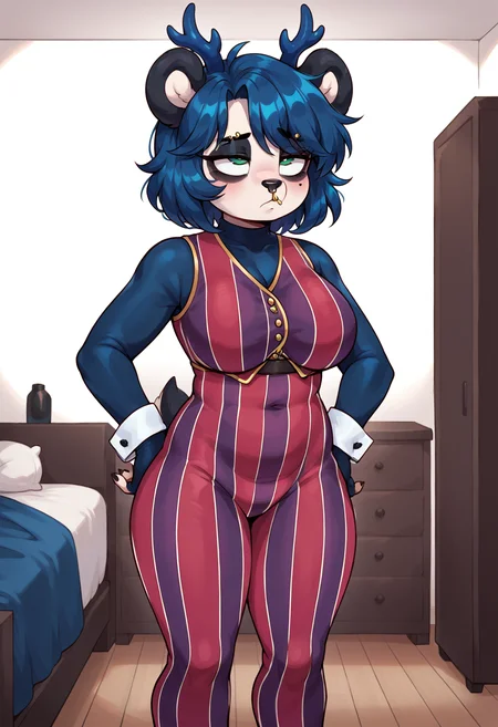 score_9, score_8_up, source_furry, 1girl, anthro giant panda, panda ears, blue antlers, medium hair, messy bangs, blue hair, light blue fur, green eyes, large breasts, plump, bags under eyes, tired, eyebrow piercing, deer spots, white spots, nose ring, bedroom, big ass, black nails, black elbow gloves, lace gloves, fingerless gloves, black lace thighhighs, fat thighs, bored, rolling eyes, <lora:Robbie_Rotten_outfit:0.9>, Robbie Rotten outfit, solo, long sleeves, striped, pants, vest, vertical stripes, pinstripe pattern, striped pants, black shoes, standing, wrist cuffs