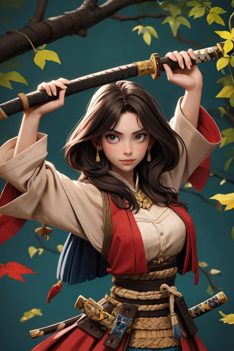 (best quality, masterpiece), 1girl, katana, samurai, looking at viewer, dual wielding, tree, leaf,