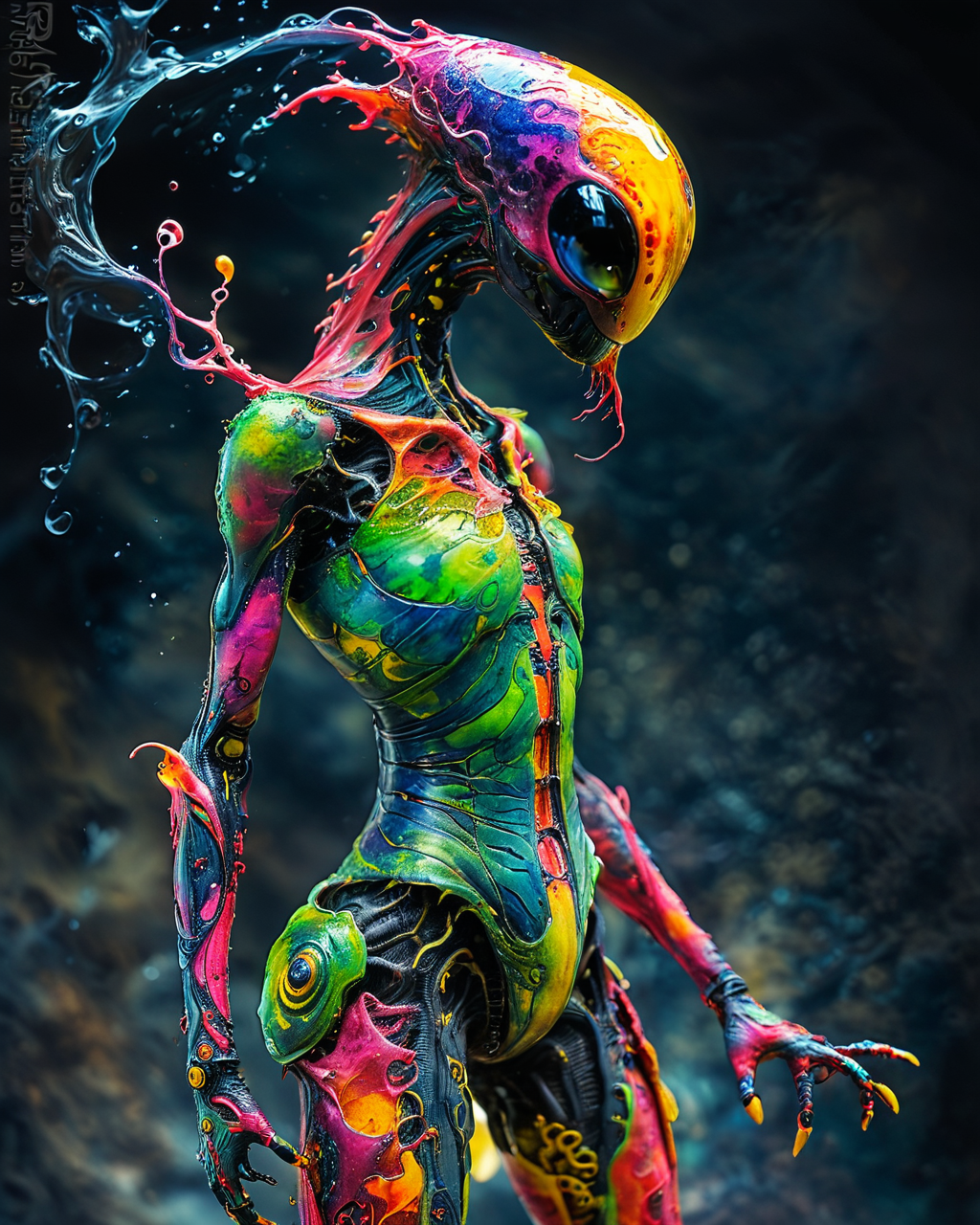 focus on alien ninja, bioengineered creature, transparency:1.4, (detailed cybernetic implants fused with organic matter:0.5), full body, (with intensely vibrant swirling colors:1.9), realistic photo, <lora:add-detail-xl:1.0> ,  <lora:artialien:1> artialien