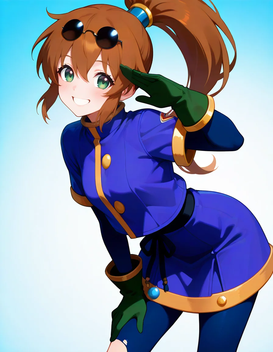 <lora:so2precis_SDXL_Illustrious_fp16_ver01:1>,so2precis,brown hair, ponytail,blue dress,skirt,pantyhose,green eyes, gloves,eyewear on head,torn pantyhose,newest, <lora:HairintakesEraser_v01_illustrious_10steps:2>,smile, masterpiece, best quality, very aesthetic, absurdres,<lora:detailed_hands:1>,hand