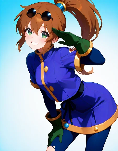<lora:so2precis_SDXL_Illustrious_fp16_ver01:1>,so2precis,brown hair,  ponytail,blue dress,skirt,pantyhose,green eyes, gloves,eyewear on head,torn pantyhose,newest, <lora:HairintakesEraser_v01_illustrious_10steps:2>,smile, masterpiece, best quality, very aesthetic, absurdres,<lora:detailed_hands:1>,hand