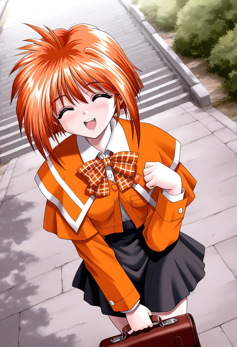 general,highres, ultra-detailed,very aesthetic,best quality ,best hands, BREAK <lora:Kawahara_Ayano_Akumu_AoiKajitsunoSange_IS:1>
Kawahara_Ayano, 1girl, solo, short hair, orange hair, small breasts, closed eyes, bangs, happy,
orange school uniform, plaid skirt,  white and black skirt, open mouth, smile,  school bag, plaid bow, 
looking at viewer,  outdoors, long sleeves,  
bowtie,  holding bag, :d,  road, 
plaid bowtie, shirt, walking, standing, stairs, 
school briefcase,  from above,  day,