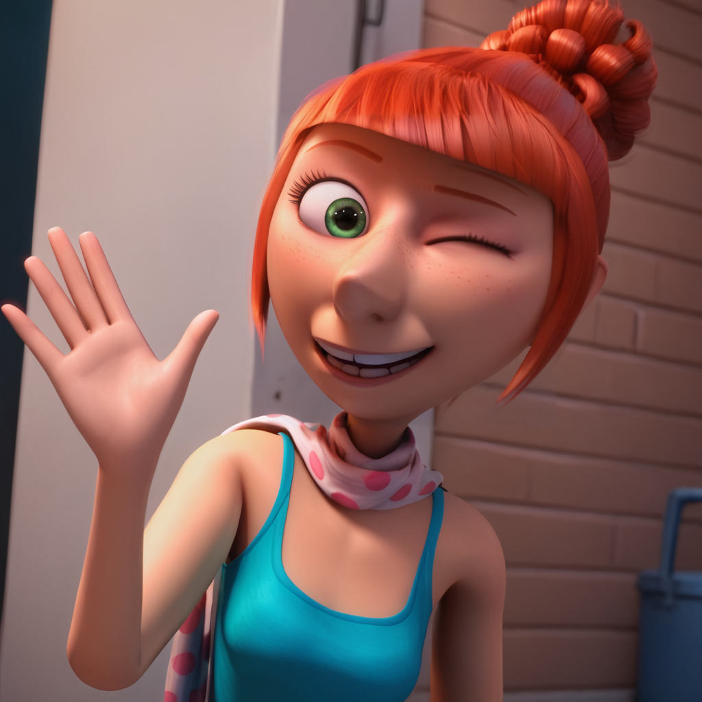 score_9, score_8_up, score_7_up, score_6_up, score_5_up, score_4_up, alley, 3d, <lora:Lucy_Despicable_Me-000007:0.8> , 1girl, lucydm, green eyes, single hair bun, blue dress, scarf, sleeveless, portrait, pointy nose, eyelashes, red hair, BREAK  (freckles:0.8), looking at viewer, waving, one eye closed,