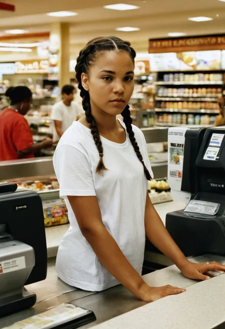 35mm candid street photography, young African American woman, white t shirt, youthful features, braided hairstyle, guarded expression, standing at mall checkout counter, hands on register, cautious body language, natural lighting, urban setting, muted color tones, capturing the resilience of working-class youth,Jackie Brown 1997 film style