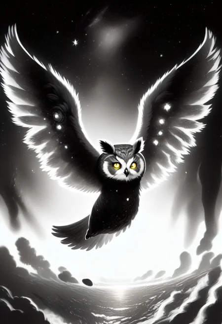 Score_9, Score_8_up, Score_7_up, lora:Navi_Celestial_Skin_PonyXL:1.1 nv-celestialskin, redpandafolk, rabbitfolk, owlfolk, foxfolk, sketch, monochrome, greyscale, YR_GradLight, 0u73r5p4c3, space, planet, nebula, galaxy, asteroid, GalaxyTelepurteSDXL, StarrySkies, scenery, stars (sky), background, night sky, vibrant colored skin, void cosmic body, deep black skin, ethereal silhouette, nebula patterns, animal theme focus, majestic owl