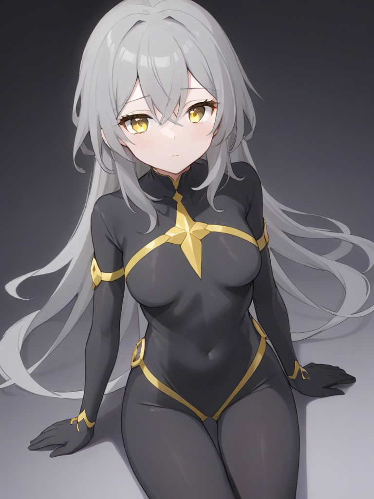 <lora:xl_xing girl-000008:0.8>,xing girl,Gray hair,Yellow Eyes,ZENTAI