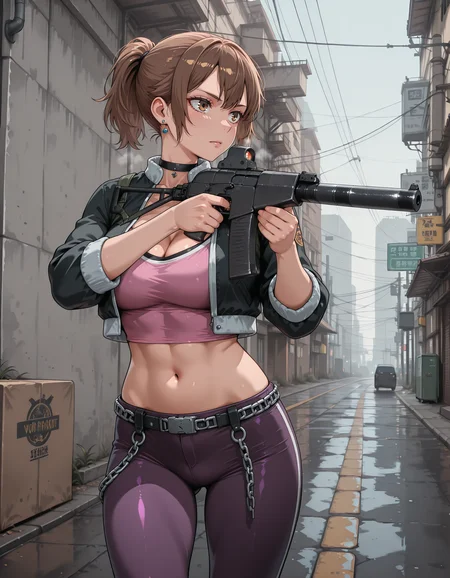 1girl,ss-shasr3-illu, brown eyes, brown hair, short hair, ponytail, jewelry, earrings, black choker, black jacket, midriff, cropped jacket, white trim, pink crop top, cleavage, navel, purple tight pants, chain belt, <lora:Shaundi_-_SR23_-_ILLU_by_SulfurSniffer:0.7>, as_val_x_vss, assault rifle, suppressor, holding rifle, aiming, <lora:as_val_x_vss_ill_v1.0:1>, <lora:CW_03beta_illc:0.7> kaopa, sinuous road