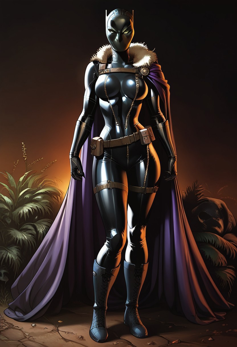 score_9, score_8_up, score_7_up, score_6_up, score_5_up, 1girl, African, Africanmask,
ancient mask, 
BlackPanther, Shuri, Marvel, white eyes, no pupils, black bodysuit, bodysuit, black gloves, black boots, mask, black mask, covered face, no mouth, belt, black belt, cape, purple cape, jewelry, necklace, fur trim, claws,
Black Panther from Avengers, Shuri, African, 1girl, wide hips, medium breasts, perky breasts, fully covered, black bodysuit, gold claws, mask, futuristic, Rainbow Holographic Combat Suit, Nano Combat Suit, Mesh Combat Suit, gold trim, thick thighs,