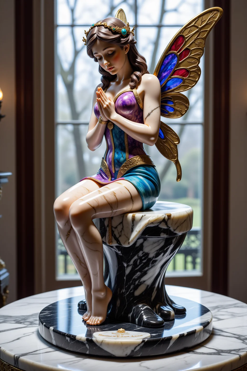 Midjourney dark fantasy style, very detailed statue made out of crystal glass and marble of a fairy sitting on a window sill. (She is standing on circular titanium platform with a commemorative plaque on a pedestal:1.8)
. The fairy is wearing a colorful dress with intricate patterns and designs. The dress is made up of different shades of blue, purple, and gold, creating a rainbow-like effect. The wings of the fairy are also made of gold and have intricate patterns. The figure is sitting on its hind legs with its hands clasped together in a prayer-like gesture. The background is blurred, but it appears to be a window with a view of trees outside. The overall mood of the image is peaceful and serene., <lora:flux-marblestyle:1>, <lora:Midjourney dark fantasy style:0.5>