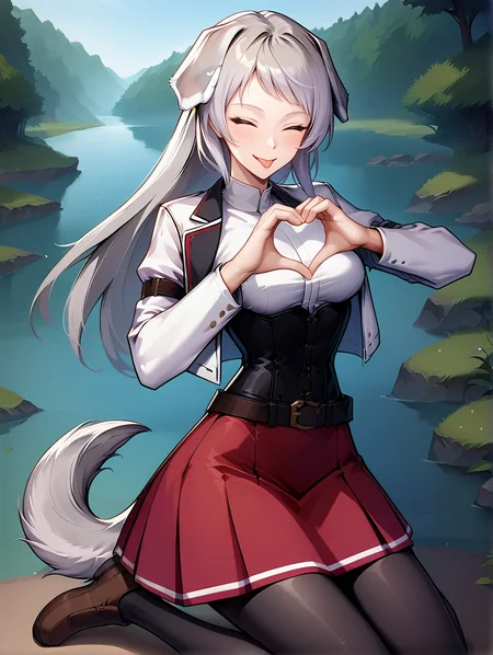 score_9, score_8_up, score_7_up, source_anime
1girl, solo,
pursena adoldia, closed eyes, long hair, (grey hai, dog ears, grey dog ears,,dog tail, short tail
red skirt, black corset, (white shirt), white jacket, red ribbon, bow, black pantyhose, belt, knees, smile, happy
medium breasts, happy
kneeling, river, trees, heart hands, brown shoes, tongue out
<lora:Expressive_H:0.2> <lora:housechores-guy-PONYv1:0.4> <lora:pursena 0.1:1>