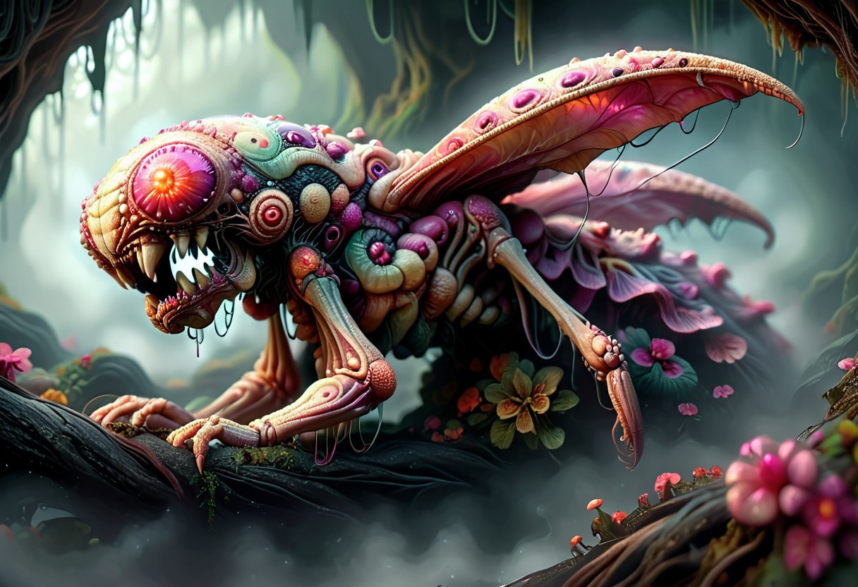 bl@ckp1nk, fungal_world, foggy swamp, giant mantis Mantis01, open mouth, fangs, monsterlora, magenta sclera, veiny fungal skin, magenta bloody tears, PsychadelicChaos, (glossy, oily overlay)