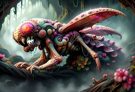bl@ckp1nk, fungal_world, foggy swamp, giant mantis Mantis01, open mouth, fangs, monsterlora, magenta sclera, veiny fungal skin, magenta bloody tears, PsychadelicChaos, (glossy, oily overlay)
