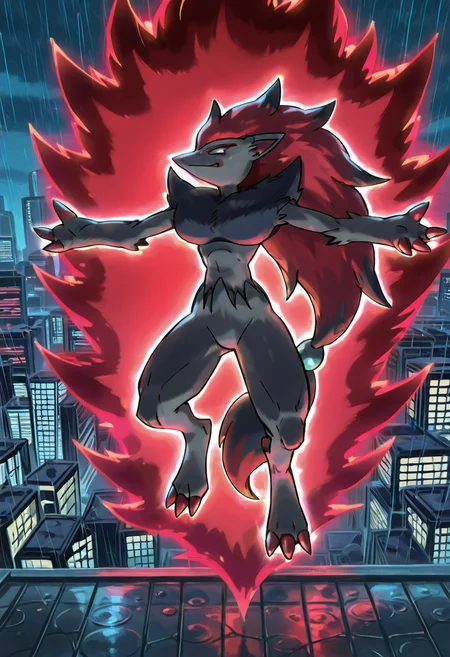 masterpiece, best quality, no humans, <lora:ZoroarkPokedex_IXL_v1:1.0>, zzZoroark, city rooftop at night, arms spread, rain falling, neon reflections, dramatic backlight â On a rain-slick rooftop bathed in neon glow, zzZoroark spreads its arms wide, catching the downpour on its open palms. Thunder rolls across the skyline, and streaks of electric blue and crimson ripple through puddles at its feet as the city pulses below. super saiyan, red aura, <lora:DBSBroly_Style_IXL_v2:0.7>