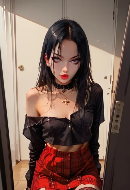 score_9, score_8_up, score_7_up, amateur, photo, pinup girl pose, Expressive, photograph of an extremely attractive woman, realistic, oversized black punk crop top, necklace, black hair, long hair, off shoulder,, red plaid short skirt, (black spiderweb fishnet stockings), face focus, chunky black boots, dynamic sexy pose, bare shoulders, bad attitude, dressing room, leaning towards the viewer,
BREAK
dramatic angle, unique perspective, unique angle,