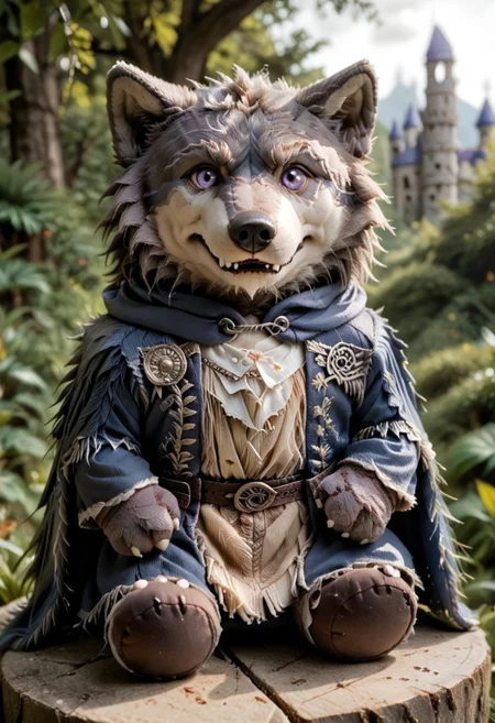 score_9, score_8_up, score_7_up, 1boy, solo, blaidd \(elden ring\), wolf, purple eyes, cloak, plushify, character stuffed toy, chibi