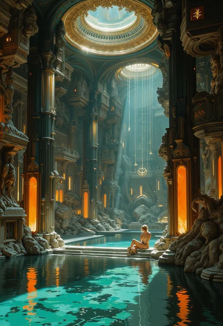 Cyberpunk concept art. Medium shot. Cyberpunk goddess in long art deco lounges in front of temple pool. Painterly. Soft brushstrokes, intricate art nouveau line work, golden accents. Ambient lighting with complementary colors, turquoise and orange hues. Deep shadows, misty atmosphere. 8k resolution, cinematic film still, futuristic architecture, sci-fi illustration, avant-garde, digital art, high contrast, vibrant colors.