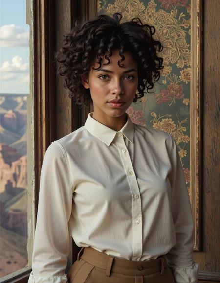 a expressive woman,Loose Curly Afro hair,Black,dressed in an elegant high-neck blouse with tailored trousers and heels,long shot,grand canyon,detailed masterpiece most beautiful artwork in the world Ultrarealistic,Cinestill 50,Ethereal Lighting