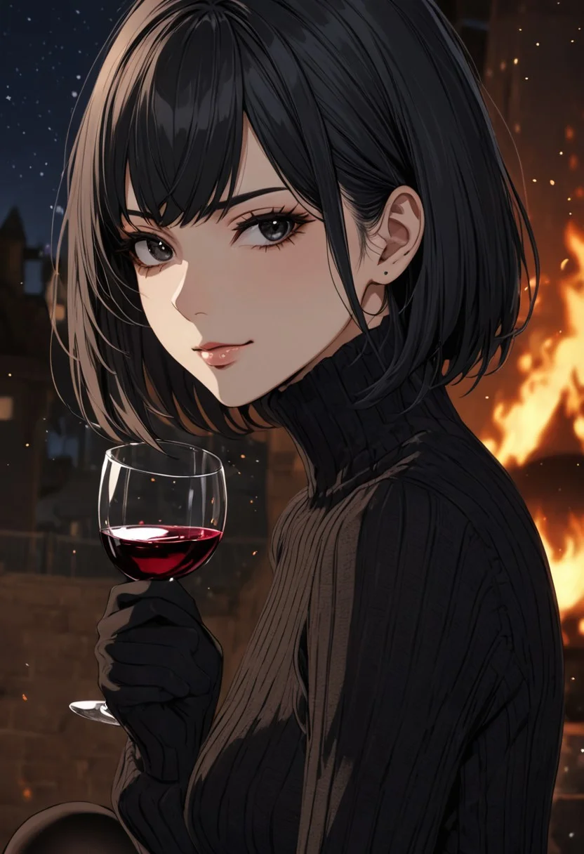 (anime, masterpiece, intricate:1.3), (best quality, hires textures, high detail:1.2), (4k),(incredibly detailed:1.4), perfect anatomy, graceful face, slim, big breasts, constricted waist, nice body, lips, arrogant look, villain, 1woman, evilish smile, high pointed nose, (nostrils:1.3), neatly, angry, 25 y/o
black eyes, bob hair, black hair,
pillows, drinking wine, at night, fire particles, angle, black ultra-thin stockings