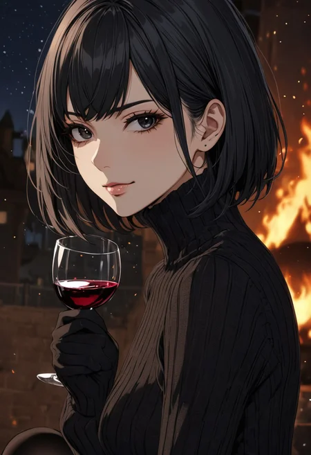 (anime, masterpiece, intricate:1.3), (best quality, hires textures, high detail:1.2), (4k),(incredibly detailed:1.4), perfect anatomy, graceful face, slim, big breasts, constricted waist, nice body, lips, arrogant look, villain, 1woman, evilish smile, high pointed nose, (nostrils:1.3), neatly, angry, 25 y/o
black eyes, bob hair, black hair,
pillows, drinking wine, at night, fire particles, angle, black ultra-thin stockings