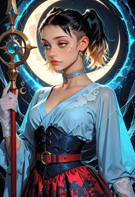 Nishimiya Momo, Jujutsu Kaisen, 1girl, blue eyes, scar across eye, blonde hair, short hair, black hair, twintails, undercut, sideburns, fitted corset, silver filigree, crimson threads, flowing silk skirt, obi belt, high-heeled pumps, lace gloves, silver choker, crescent moon charm, radiant optimism, standing, poised, mystical portal, blue mist, ornate scimitar, gemstone-tipped staff, cautious anticipation, seductive allure, golden ambient lighting, subtle blue undertones, mystical tension, unbridled potential
BREAK
,artist:moriimee,high_quality, highres, detailed_eyes, beautiful, detailed, masterpiece, best quality, absurdres, 8k, HDR, face_focus, portrait, upper body,
highres, depth_of_field, subject_focus,
(masterpiece:1.3), (best_quality:1.3), (ultra_detailed:1.2), (official_art), (absurdres),
intricate_details, refined_textures, volumetric_lighting, perfect_shadow, realistic_depth, hyperfocus, (depth_of_field:1.2), detailed_eyes,