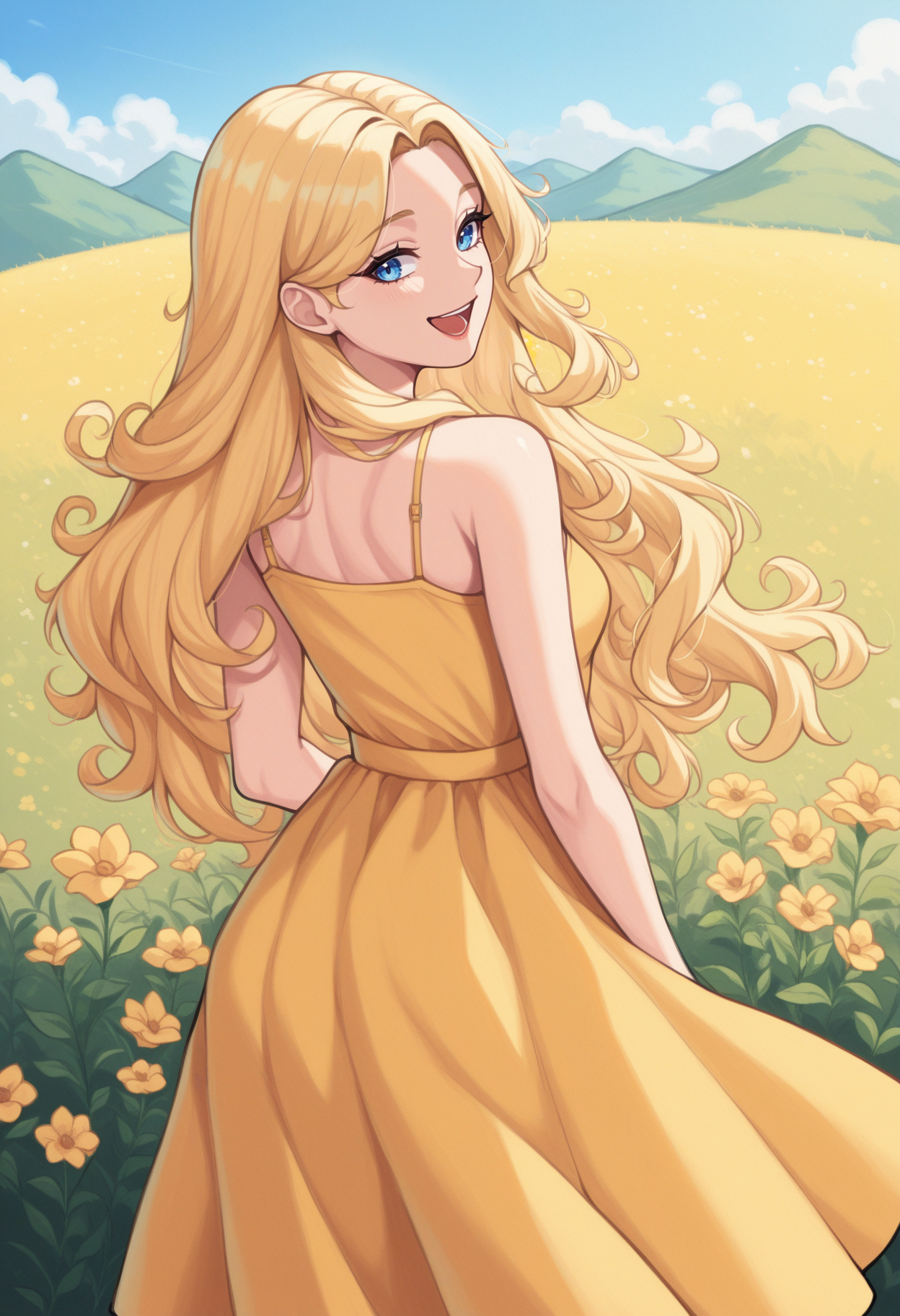 masterpiece, best quality, 1girl, solo,  <lora:NSHaleyStardew:1> NSHaleyStardew, long hair, blonde hair, blue eyes, wavy hair, yellow sundress, from behind, looking back, flower field, open mouth, smile, hills, blue sky