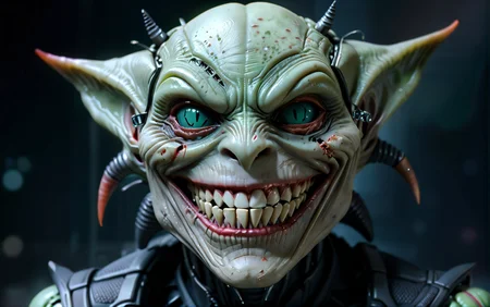 gritty smiling alien joker species head close-up, highly detailed, torn <lora:alien-species:1>