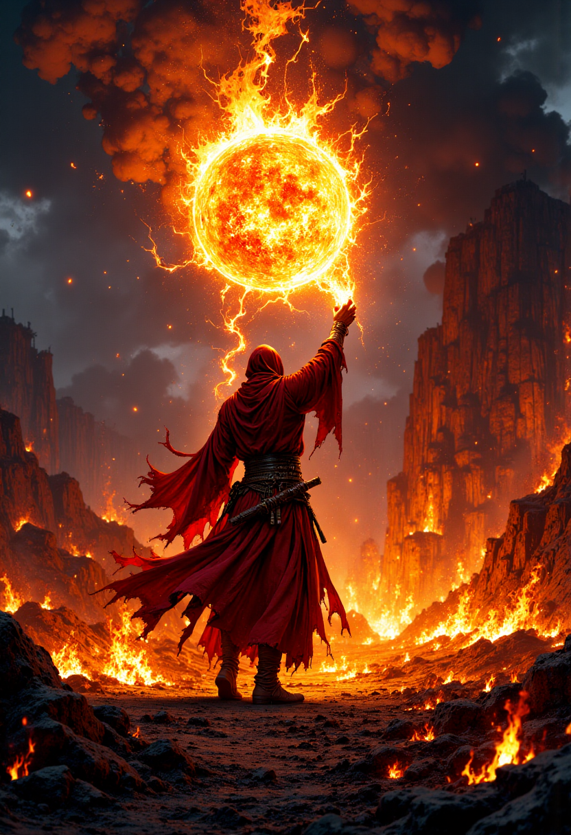 mythp0rt, A formidable mage, garbed in flowing, ember-glowing robes, stands at the center of a desolate, scorched battlefield. The mage channels a blazing fireball, its searing flames illuminating the dark, smoke-filled air with intense, flickering light. The scene is charged with a fierce, elemental energy and a sense of impending destruction. Rendered in a Photographic style with a 135mm lens, capturing the fiery explosionâs vivid details and dramatic contrasts.
<lora:FluxMythP0rtr4itStyle:1>