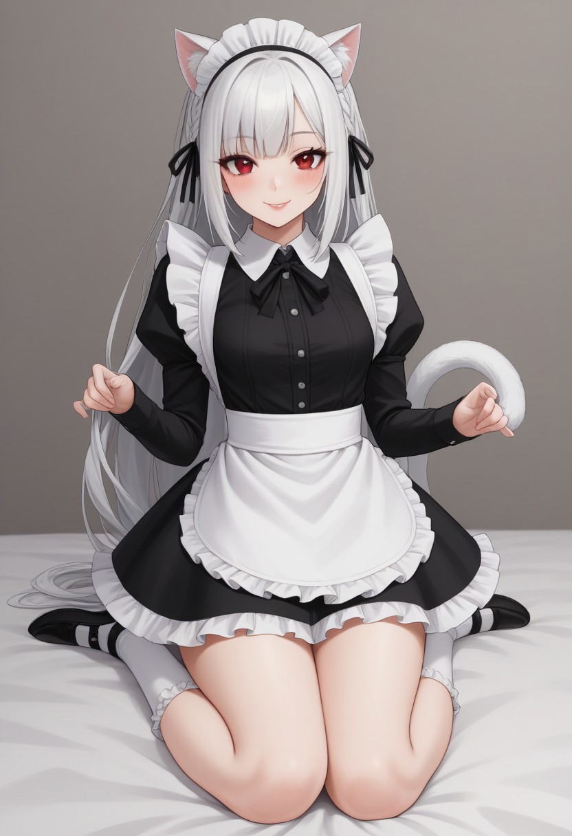1girl, anime, Whirte hair, braid on the side hair, bangs, medium long hair,  White cat ears, Fluff in ears,  white cat tail,  white skin, small boobs, wide hips, maid outfit , ankle socks, red eyes, semi close eyes , smile, lipstick , blush easynegative,ng_deepnegative_v1_75t