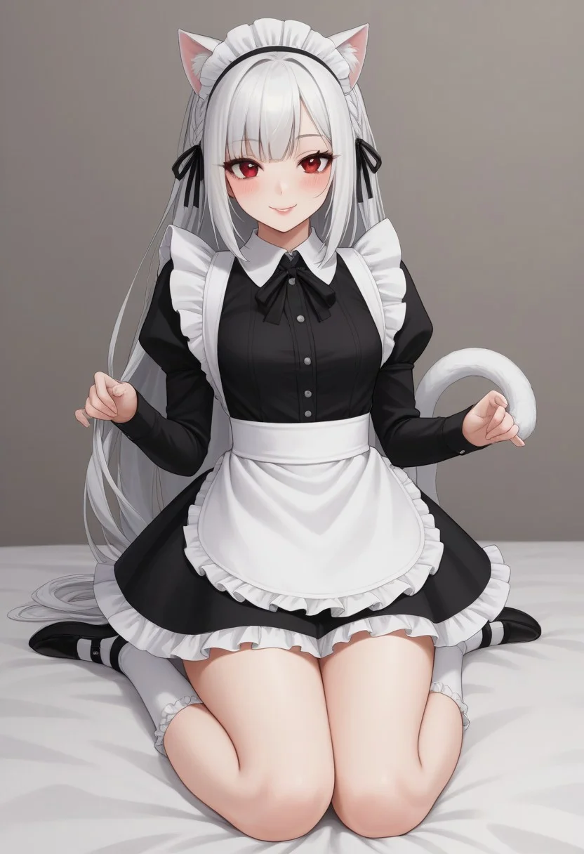 1girl, anime, Whirte hair, braid on the side hair, bangs, medium long hair, White cat ears, Fluff in ears, white cat tail, white skin, small boobs, wide hips, maid outfit , ankle socks, red eyes, semi close eyes , smile, lipstick , blush easynegative,ng_deepnegative_v1_75t