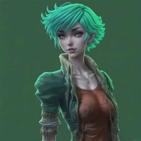 , colored skin, krass, 1 girl, emerald hair, small chest