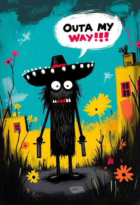 documentary photography , upper body, cinematic lighting, from below/low angle, 50mm, dreamy haze. whimsicalart, darkfairytale, (moonlightart:1.2), (whimsical illustration:1.2), dreamy, fantasy, magic.  (a big bad mexican gunslinger:1.1) with a huge sombrero hat (walks down a deserted street:1.1) (shouting angrily:1.1). (he is pointing a gun in each hand at the viewer:1.1).    above him is a prominently displayed speech bubble that says: "Outta My WaY!!!".  masterpiece of fun.  brilliant dark collors, volumetric lighting, god rays.  , <lora:30 style\flux Dark Whimsical Art v1 ()>, <lora:30 style\flux MOONZ WILD v1 ():0.8>, , , , ,