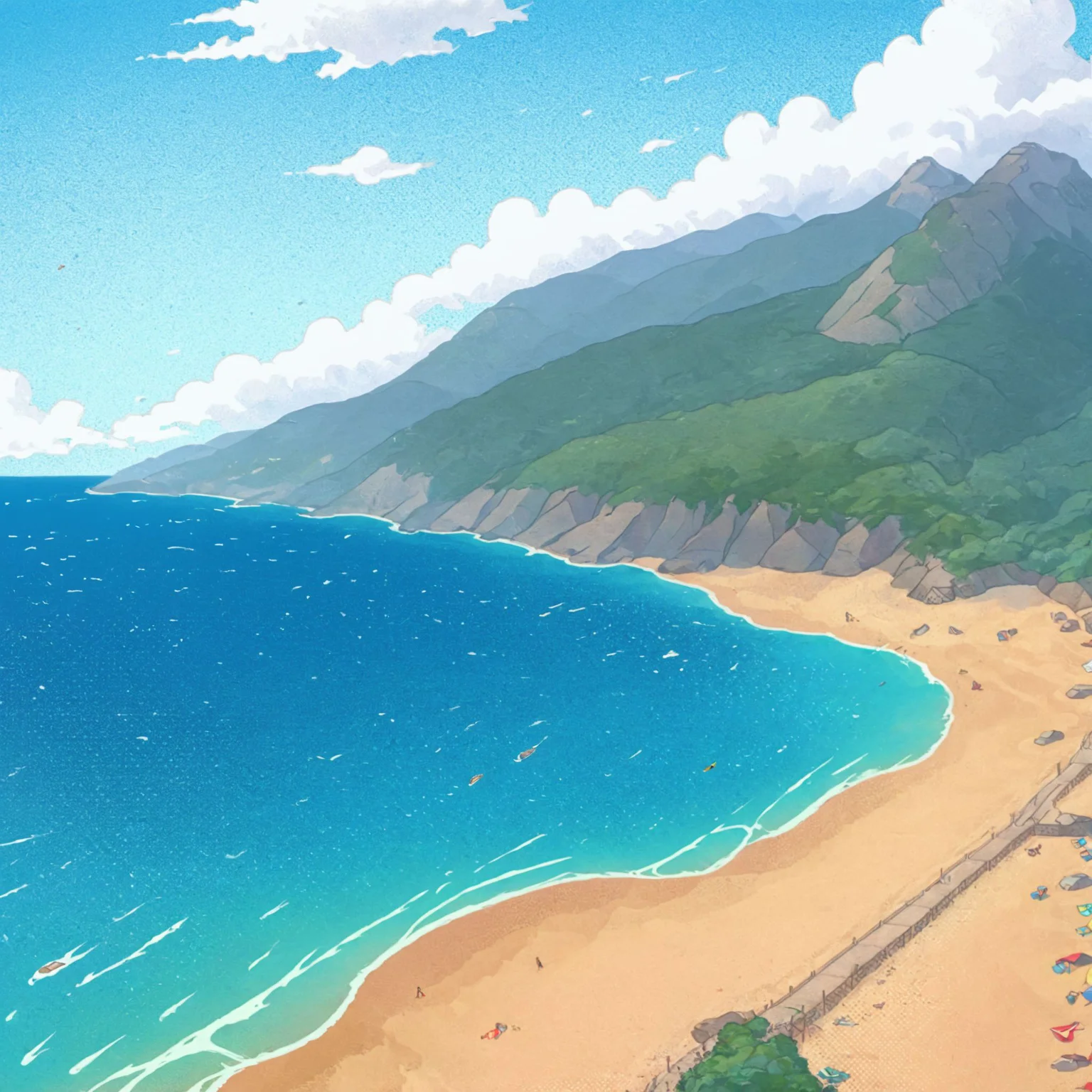 beach, cozy, summer, road in the foreground, mountain in the background, SteamSummerSales2024 <lora:SteamSummerSales2024:1>