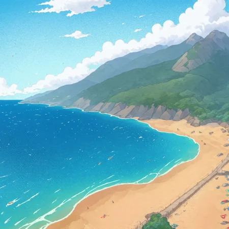 beach, cozy, summer, road in the foreground, mountain in the background, SteamSummerSales2024 <lora:SteamSummerSales2024:1>