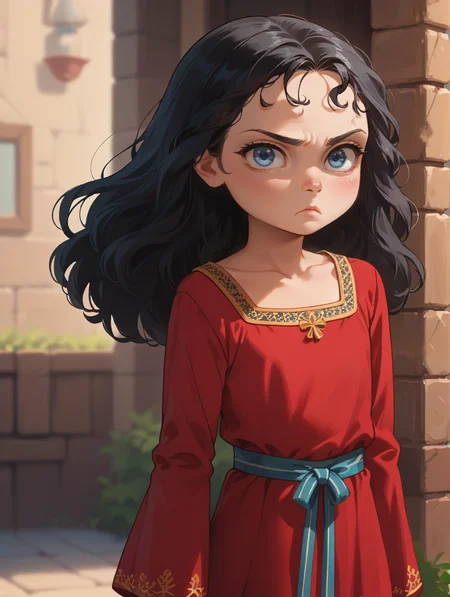 score_9,score_8_up,score_7_up,score_6_up,score_5_up,score_4_up,
 <lora:MotherGothel_character:1> <lora:1StS_age_slider_v1_initial_release2:-4>
1girl, solo gothelxlp, black hair, blue eyes, small, petite, young, annoyed, looking at viewer, red dress,