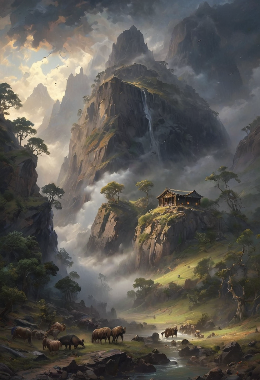 View from a rocky ledge to a massive, weathered ark resting between two high, jagged hills. The scene is shrouded in a thick, ominous fog, with an eerie stillness in the air. The ark, appearing ancient and majestic, looms large against the chaotic swirl of dark clouds above. The sky is filled with ominous, swirling clouds, casting deep shadows over the landscape. Animals of all kinds are faintly visible through the mist, gathering in pairs and moving towards the ark. The overall scene evokes a sense of awe and solemnity, capturing the profound moment of Noah's Ark amid the turbulent surroundings. [romantic impressionism,dream scenery art,beautiful oil matte painting,romantic,style of thomas kinkade,beautiful digital painting,anime landscape,romantic painting,dreamlike digital painting,colorful painting,beautiful gorgeous digital art,style of greg rutkowski,janek sedlar,jenny saville:0] <lora:vivid_everclear:0.6>  <lora:Sinozick:1>