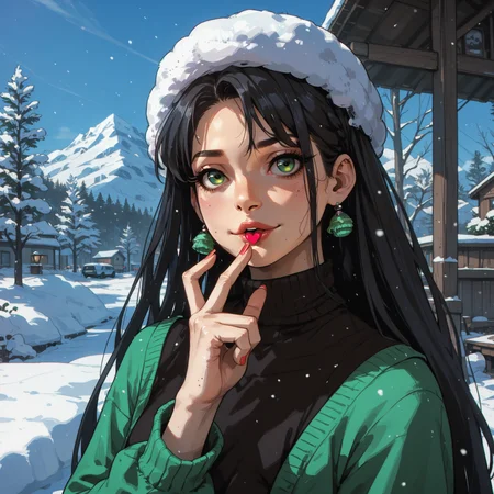 score_9, score_8_up, score_7_up, score_6_up BREAK m1dl, 1girl, nostalgic, green eyes, very long hair, black hair, finger heart, looking at viewer, winter, day, outdoors, knva, <lora:Kenva:0.95>, <lora:MedeaPDXLv0.92tx1-000006:0.8>