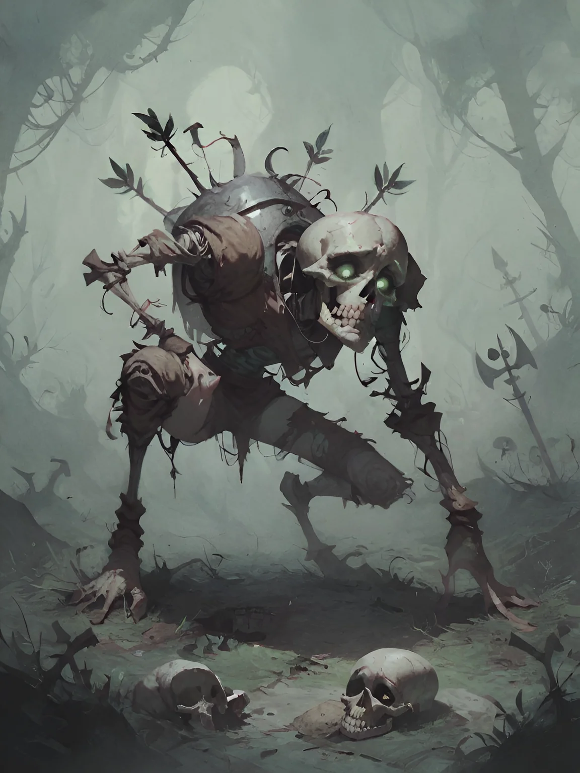 score_9, score_8_up, score_7_up, score_6_up, undead rotten skeleton, arrows sticking in body, skull, helmet, torn armor and clothes, medieval fantasy,crawling on ground, creepy crypt background, green fog, dystopian mood, torchlight, solo, glowing eyes, underground,
<lora:add-detail-xl:0.45>,<lora:Concept Art Twilight Style SDXL_LoRA_Pony Diffusion V6 XL:0.8>,<lora:Desolation:0.75>