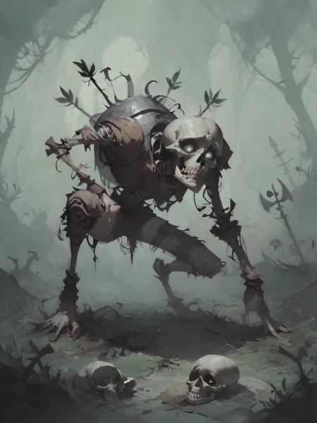 score_9, score_8_up, score_7_up, score_6_up, undead rotten skeleton, arrows sticking in body, skull, helmet, torn armor and clothes, medieval fantasy,crawling on ground, creepy crypt background, green fog, dystopian mood, torchlight, solo, glowing eyes, underground,
<lora:add-detail-xl:0.45>,<lora:Concept Art Twilight Style SDXL_LoRA_Pony Diffusion V6 XL:0.8>,<lora:Desolation:0.75>