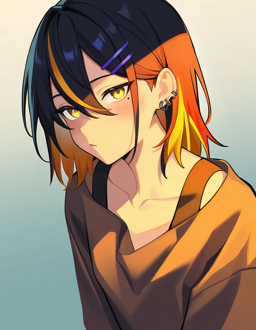 cowboy shot,
<lora:naina_noob:0.6>,naina,1girl,solo,black hair,multicolored hair,hairclip,hair ornament,yellow eyes,blonde hair,mole under eye,mole,ear piercing,collarbone,medium hair,hair between eyes,piercing,bangs,orange hair,streaked hair,two-tone hair,jewelry,
masterpiece,best quality,very aesthetic,absurdres,