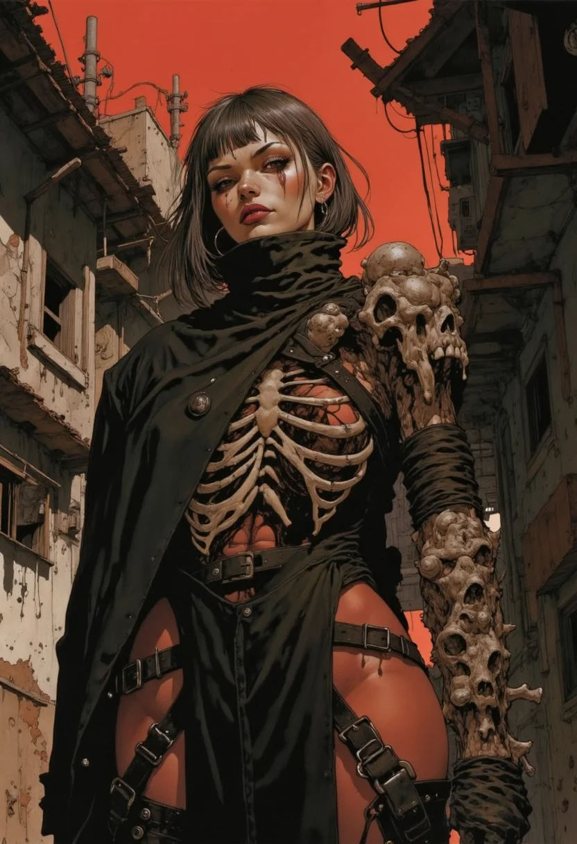 This is a highly detailed digital illustration in a dark, gritty, and slightly surreal style. The central figure is a young woman with fair skin and short, straight, light-brown hair adorned with a small, metallic hairpin. Her facial expression is intense, with sharp, almond-shaped eyes and full, red lips. She is dressed in a dark, high-collared, leather-like garment that covers her torso, revealing a skeletal structure beneath it. The bones are intricately detailed, with a realistic texture that contrasts starkly with the smooth, shiny leather. Her arms are wrapped in black, textured material, adorned with large, white, skull-like adornments that add to the macabre aesthetic.
The background features a narrow, dimly lit alleyway with peeling, weathered walls and a red sky, creating a dramatic contrast that emphasizes the figure's dark and ominous appearance. To the left, there are signs of urban decay, with rusted metal pipes and a small, broken window. The overall atmosphere is dark and foreboding, with a hint of gothic or cyberpunk influences, blending elements of horror and fashion. The illustration is rich in detail, from the intricate textures of the leather and bones to the subtle shading that adds depth and dimension to the
Art by Jesper Ejsing, Matt Fraction, Sergio Toppi, Dorohedoro. Mangaka style.