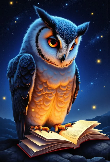 A giant, magical owl reading a glowing book under a starry sky, with tiny constellations coming to life and dancing around, illustration in the style of BRSH