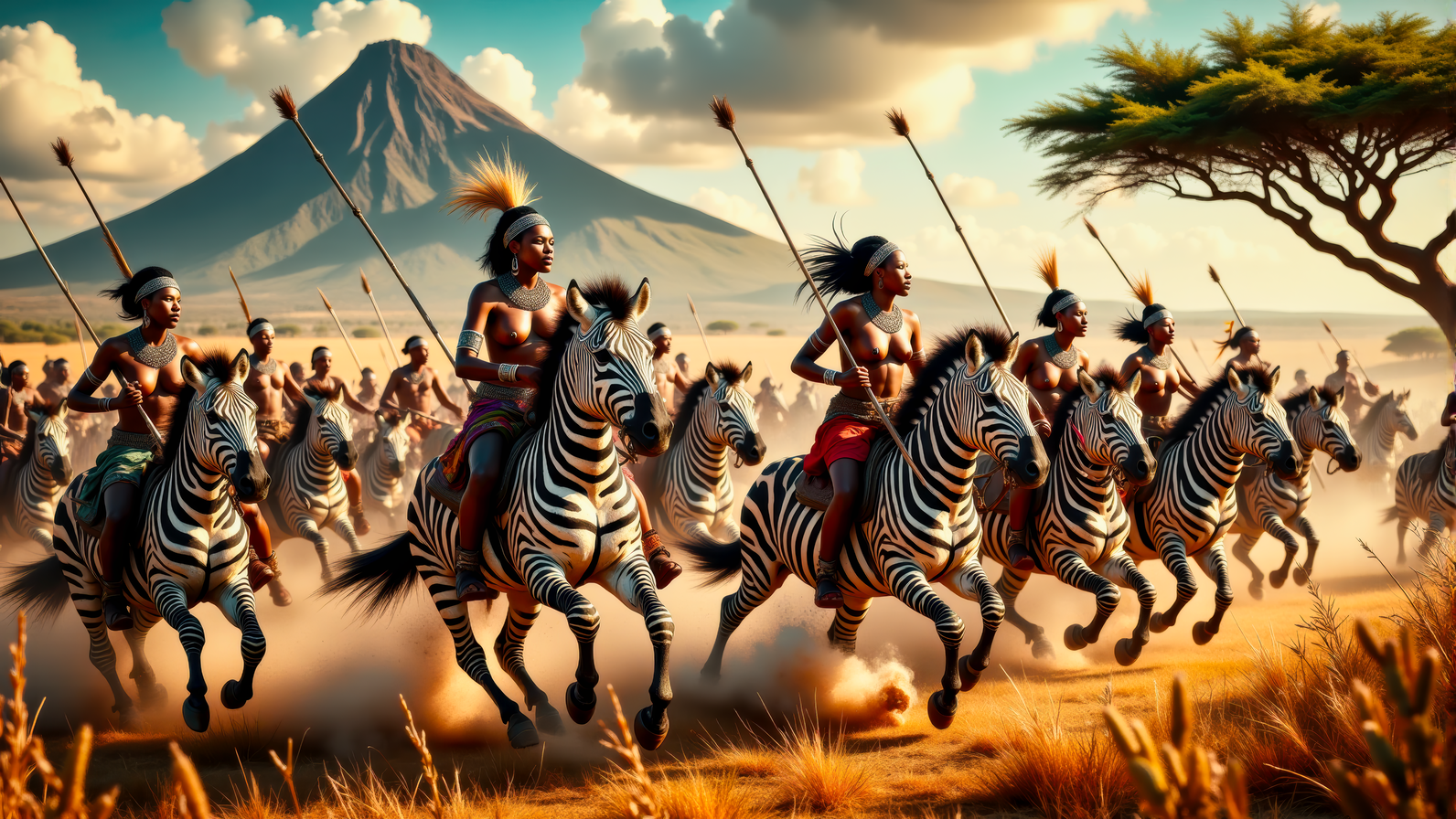 Real photograph of an army of African warrior women, black skin, Nubian, beautiful, breathtaking, athletic, (small breasts:1.4), earrings, necklace, wrist bands, human feet wearing sandals, dangerous, fierce, determined, battle hardened, mounted atop angry and ferocious zebras, cavalry charging into battle with lowered spears, shields and spears bearing war decorations, fierce angry painted faces full of rage, yelling fierce war cries, African Savannah with mount Kilimanjaro in the background, intricate details, masterpiece, elegant, complex patterns, (full body shot from head to toe:1.6), environmental wide angle, dramatic and dynamic morning lighting, intense atmosphere <BaroqueColorful:0.72>