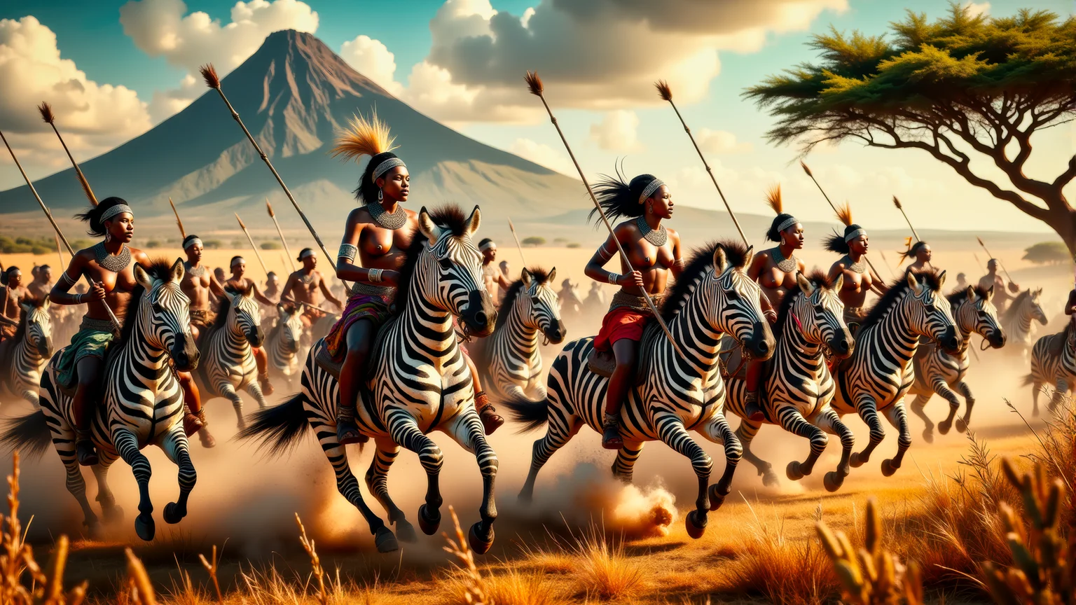 Real photograph of an army of African warrior women, black skin, Nubian, beautiful, breathtaking, athletic, (small breasts:1.4), earrings, necklace, wrist bands, human feet wearing sandals, dangerous, fierce, determined, battle hardened, mounted atop angry and ferocious zebras, cavalry charging into battle with lowered spears, shields and spears bearing war decorations, fierce angry painted faces full of rage, yelling fierce war cries, African Savannah with mount Kilimanjaro in the background, intricate details, masterpiece, elegant, complex patterns, (full body shot from head to toe:1.6), environmental wide angle, dramatic and dynamic morning lighting, intense atmosphere <BaroqueColorful:0.72>