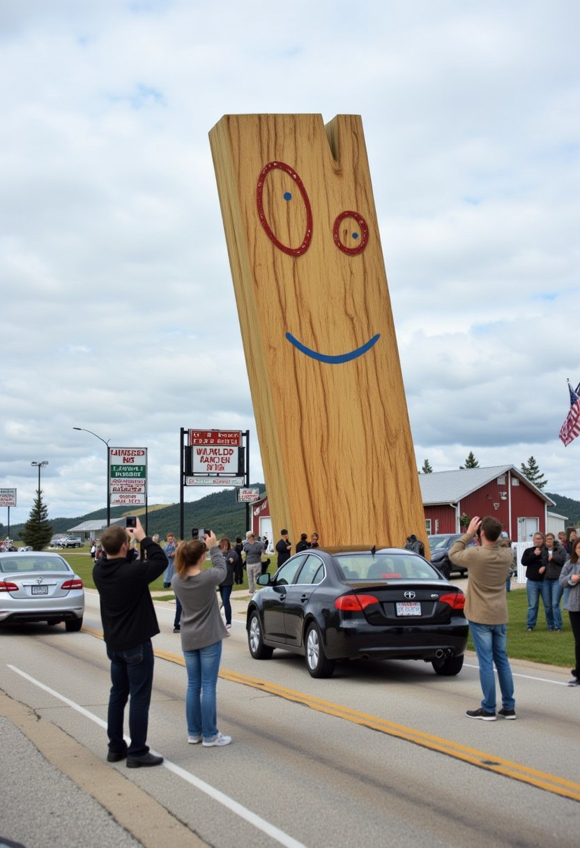 Photo depicting a surreal scene at a "world's largest Plank" roadside attraction, along with people taking photos of it and cars parked near it.