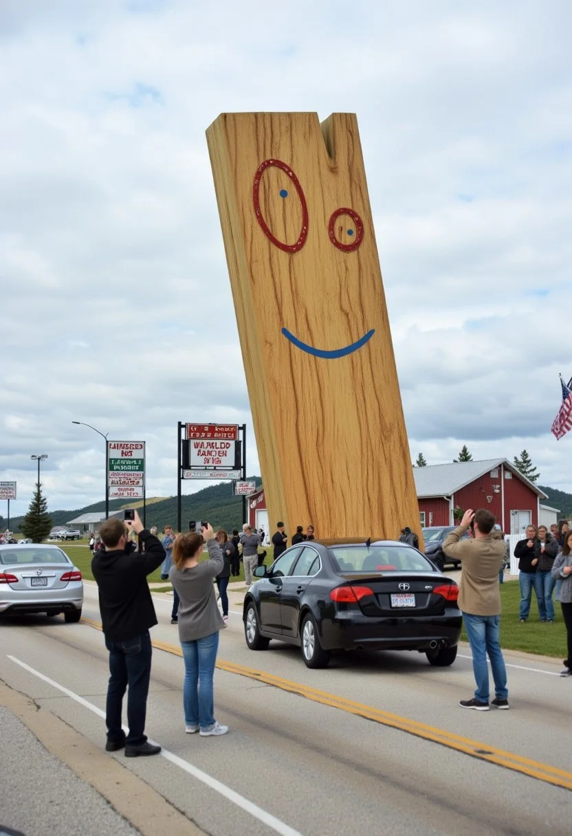 Photo depicting a surreal scene at a "world's largest Plank" roadside attraction, along with people taking photos of it and cars parked near it.