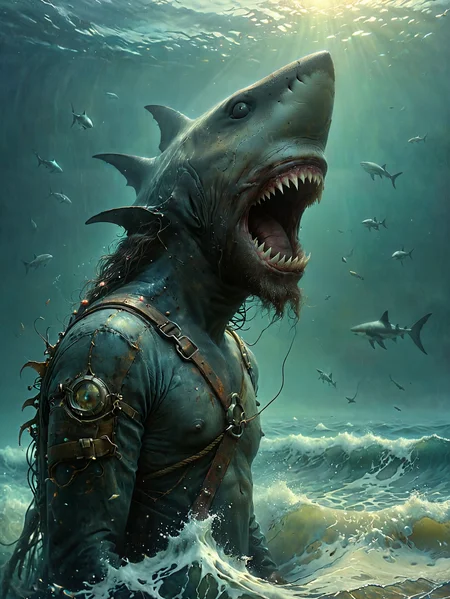 Professional photography.
Deep in the ocean.
surreal.
A man with the head of a shark. hairy, bearded.
<lora:OMG-Is-DucHaiten_v1.0:1.0>
<lora:sdxl_lora_beksinski-000018:0.05> digital artwork by Beksinski
<lora:The_Dark_Side_of_the_Earth:0.2>
<lora:DonMP4ste11F41ryT4l3XL-000008:0.4> DonMP4ste11F41ryT4l3XL